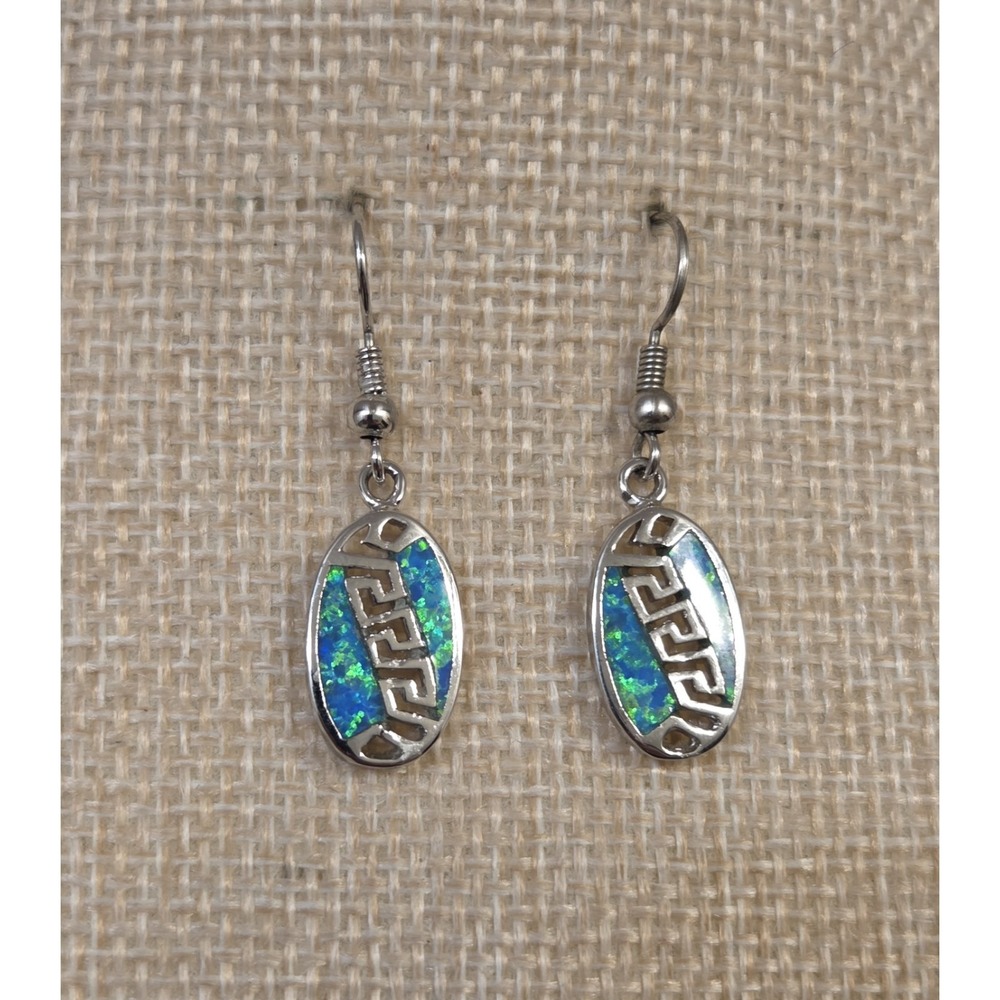Aztec Sterling Silver Blue Fire Opal Dangle Earrings‎ 925